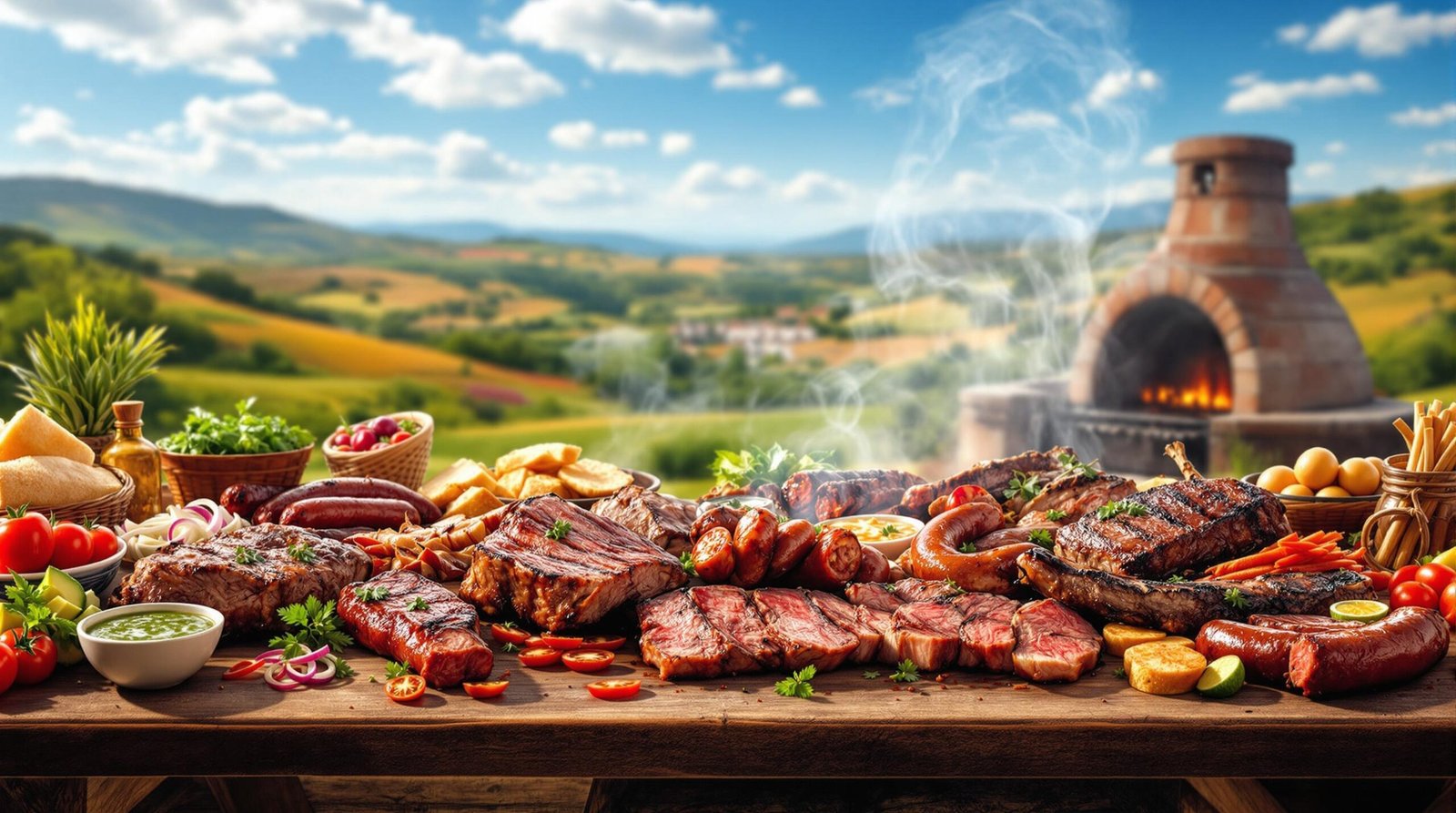 A beautifully arranged platter of grilled Argentinian meats, including juicy steaks, sausages, and ribs, garnished with fresh herbs and accompanied by chimichurri sauce on a rustic wooden table.