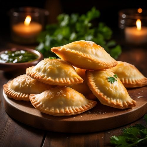 Freshly baked empanadas served warm with herb sauce, perfect for a cozy evening meal.

